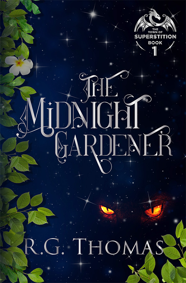 The Midnight Gardener cover showing title in scripted font, leaves along the side, and a pair of mysterious glowing eyes beneath title.