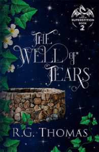 The Well of Tears cover art with the title in scripted font, leaves along the side with a few white flowers, and a stone well beneath the title.